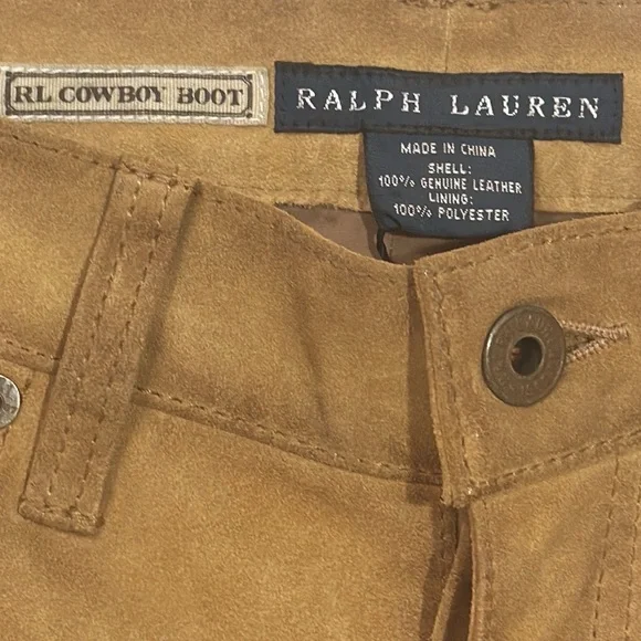 NEW RALPH LAUREN RL Cowboy Boot 100% Leather Pants Distressed Mustard Size 25 - Picture 2 of 8